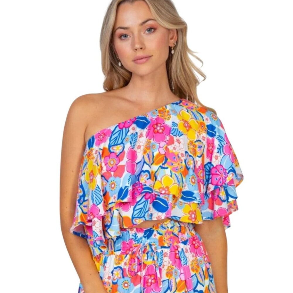 White Birch Crop Top Plus Size 3X Floral One Shoulder Pink Multicolor Bohemian